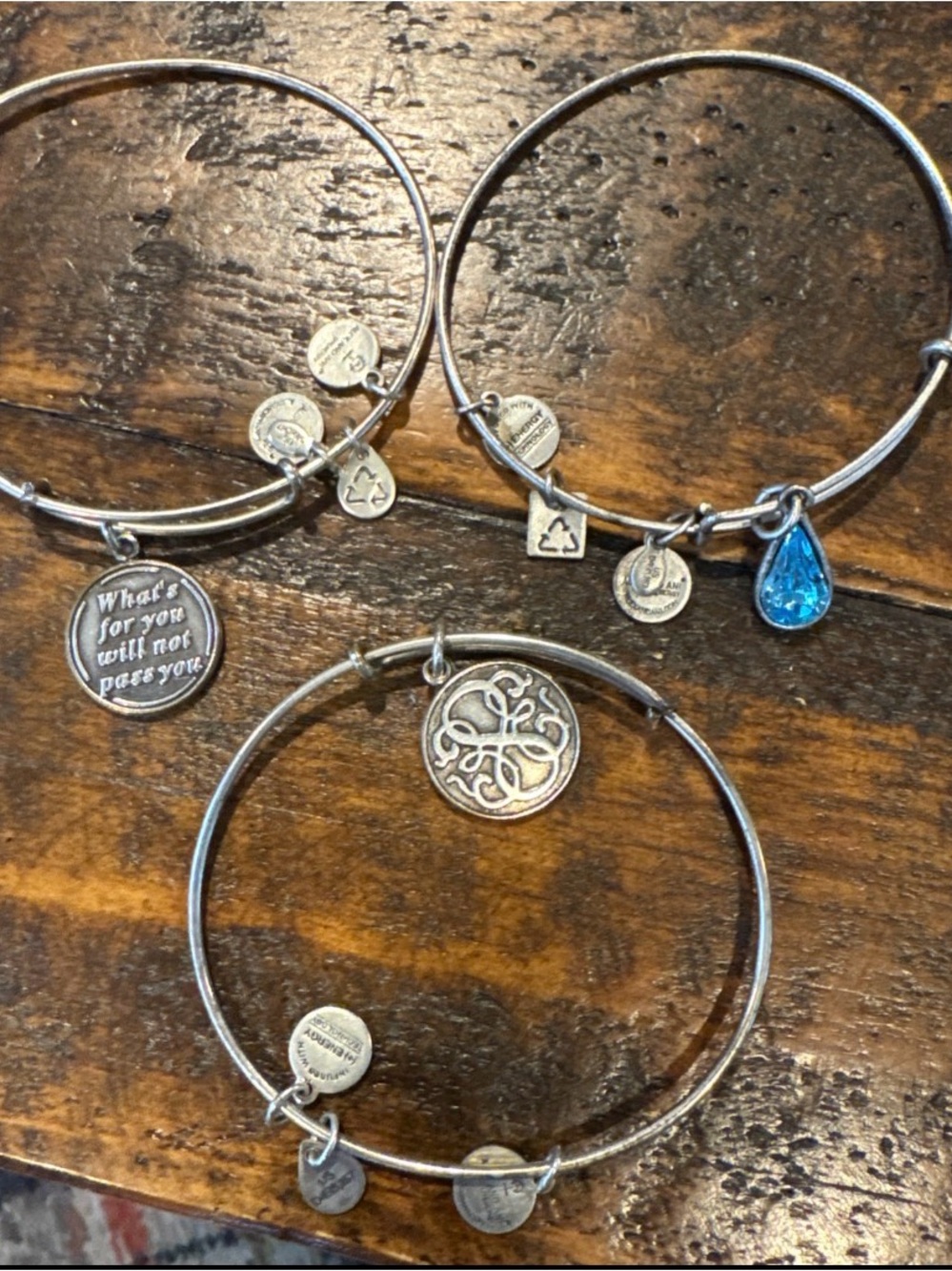 Alex and Ani Silver Tone Charm Bangle Set with Blue Teardrop Accent